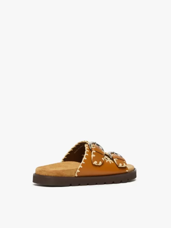 Outlet MAX MARA ABATE LEATHER AND RAFFIA SLIDES Natural