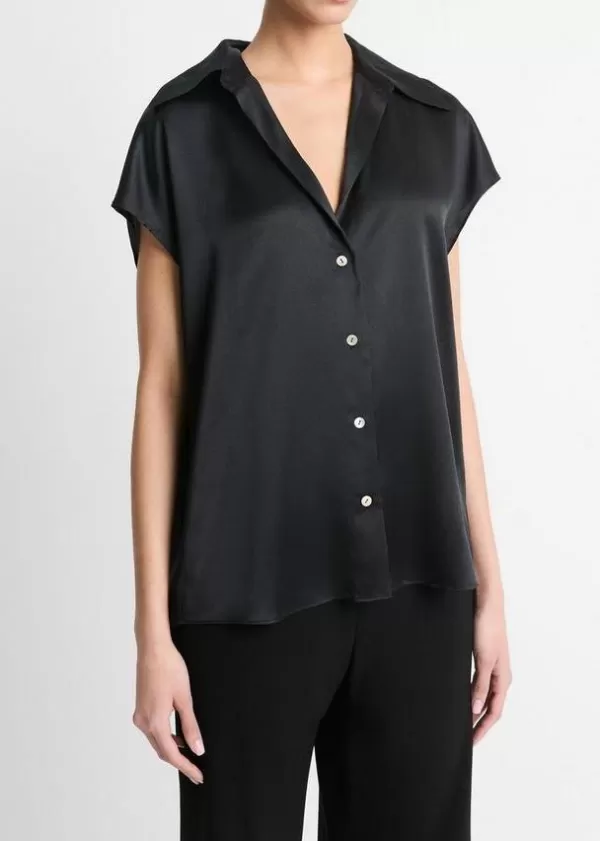 Clearance VINCE CAP SLEEVE RUCHED BACK BLOUSE Black