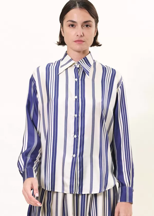 Discount LA PRESTIC OUISTON BROOKS SE SHIRT IN SILK TWILL MIX RAYE MARINE ECRU