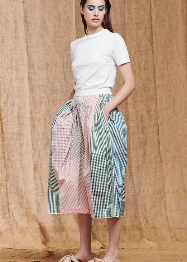 Store HIGH FESTOON BELL SHAPED SKIRT IN TECHNICAL GINGHAM TAFFETA PINK MULTI