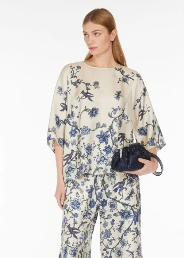 Outlet MAX MARA FILIPPO SILK BLOUSE CHINOISERIE PRINT LIGHT BLUE