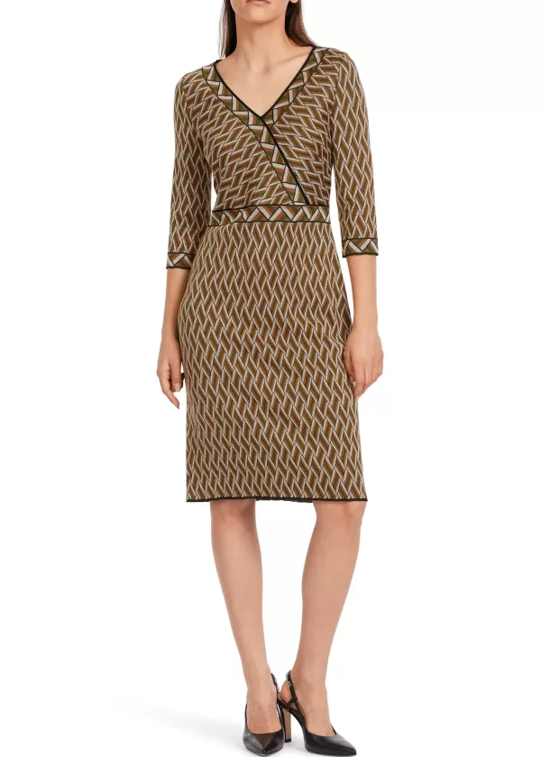 Shop MARC CAIN KNITTED DRESS IN JACQUARD WOVEN PATTERN 573-ORIENT GRN