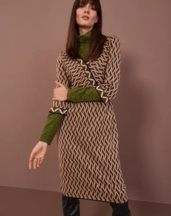 Shop MARC CAIN KNITTED DRESS IN JACQUARD WOVEN PATTERN 573-ORIENT GRN