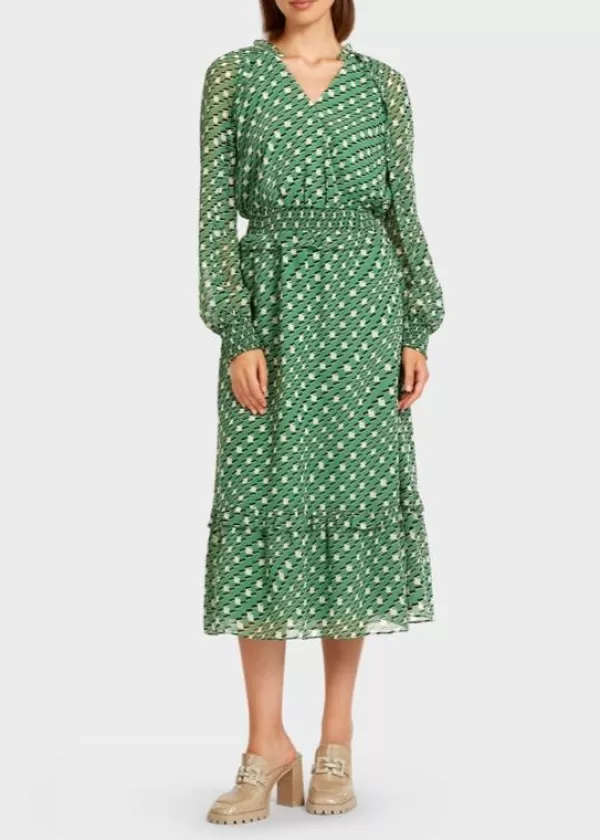 Discount MARC CAIN Long dress w green geometric design 540-MOSS GREEN