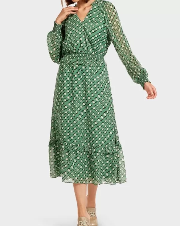 Discount MARC CAIN Long dress w green geometric design 540-MOSS GREEN