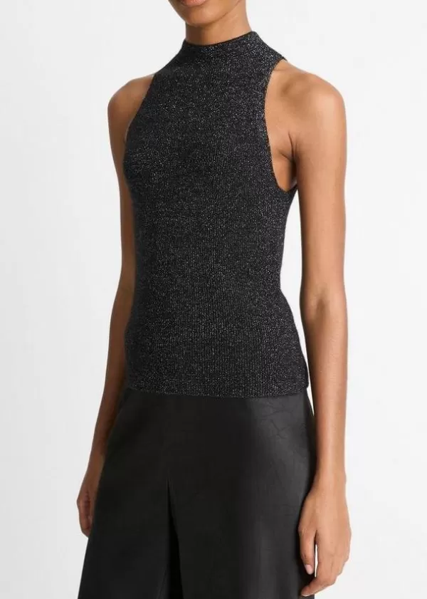 Sale VINCE METALLIC MOCK NECK TANK Black