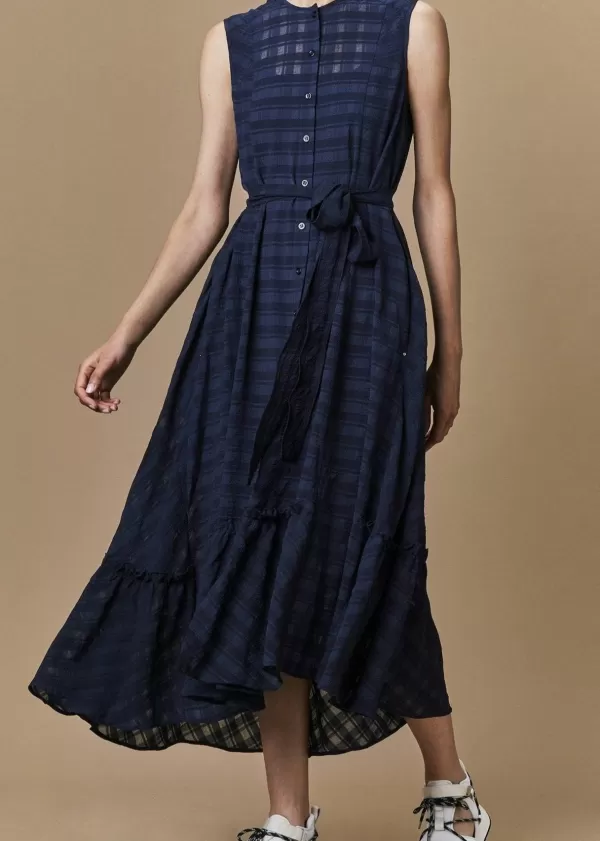 Flash Sale HIGH NAIVETY SLEEVELESS SHIRT WAISTED DRESS SEMI SHEET SEERSUCKER CHECK DARK BLUE