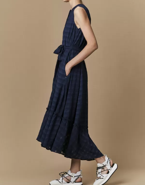 Flash Sale HIGH NAIVETY SLEEVELESS SHIRT WAISTED DRESS SEMI SHEET SEERSUCKER CHECK DARK BLUE