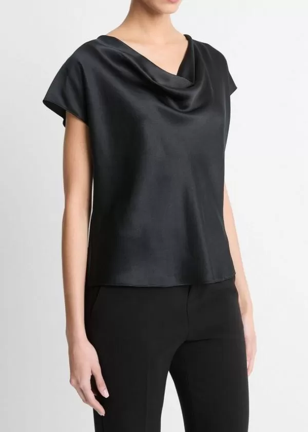 Best Sale VINCE SILK COWL NECK CAP SLEEVE BLOUSE BLACK