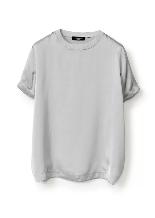 Shop FABIANA FILIPPI SILK T-SHIRT WITH KNITTED CREW NECK Silver/Grey