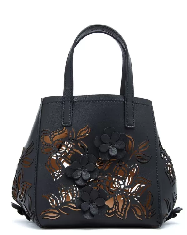 Clearance Oscar De La Renta SMALL LASER CUT FLORAL SQUARE TOTE BLACK