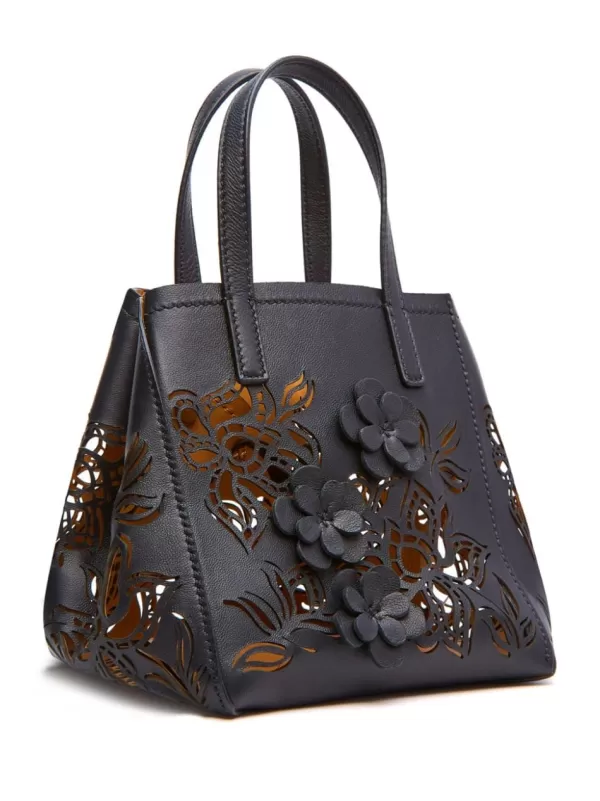 Clearance Oscar De La Renta SMALL LASER CUT FLORAL SQUARE TOTE BLACK