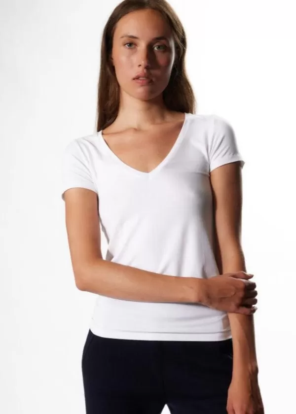 New MAJESTIC FILATURES SUPERWASHED VISCOSE & ELASTINE V-NECK T-SHIRT WHITE Blanc