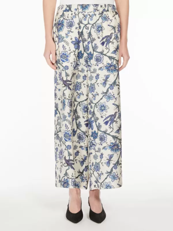 Best Sale MAX MARA TORTONA WIDE LEG SILK CHINOISERIE PRINT PANTS LIGHT BLUE